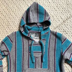 Striped Teal and Gray Original Senior Lopez Poncho Sweater | medium